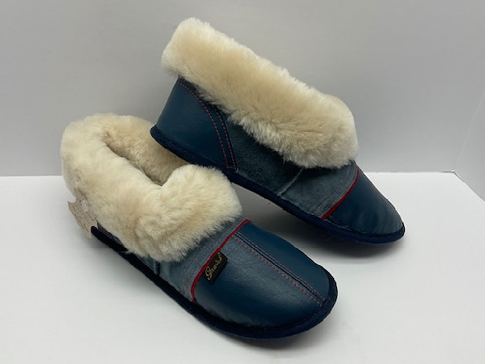 Pantoufles Cuir/Suède Blue Jeans pour Femme / doublure fourrure de mouton - Mouton brisa Blanc